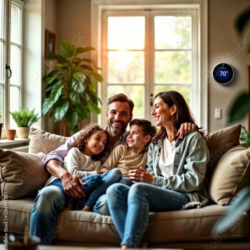Obraz na płótnie Family smart home comfort. Happy family relaxing on couch while smart thermostat maintains perfect temperature in their cozy living room. w salonie