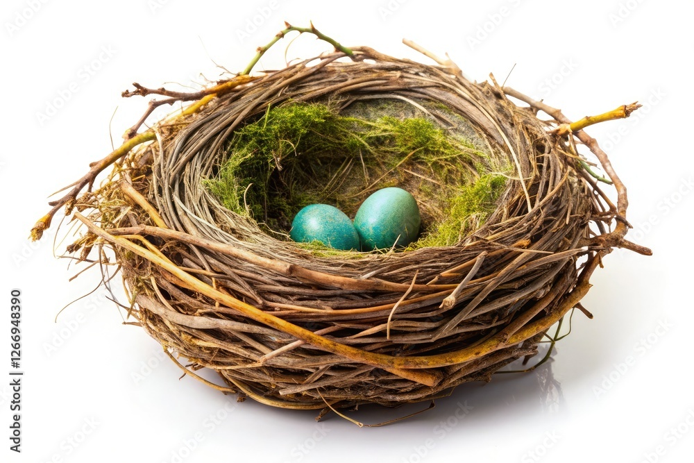 Springtime's delicate avian nest, meticulously crafted, sits alone against a stark white backdrop; a high-resolution wildlife image. Springtime's delicate avian nest, meticulously crafted, sits alone against a stark white backdrop; a high-resolution wildlife image.