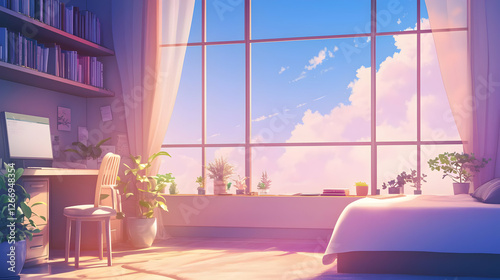 Anime Bedroom with City View at Night Featuring Modern Architecture and Glass Window Design
