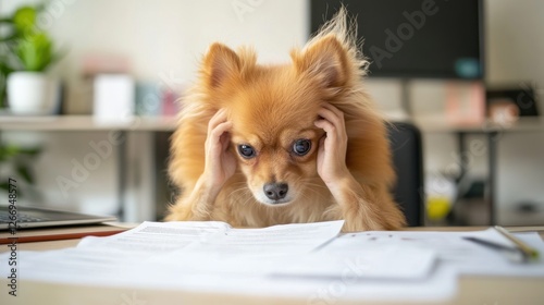Stressed Pomeranian Dog Working at Home Office Desk
