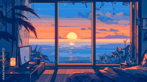 anime bedroom in the sunset