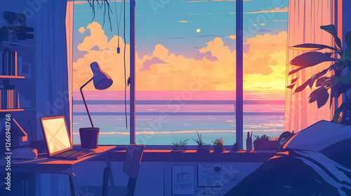 Serene Anime Bedroom with Sunset over Ocean and Beautiful Beach Landscape