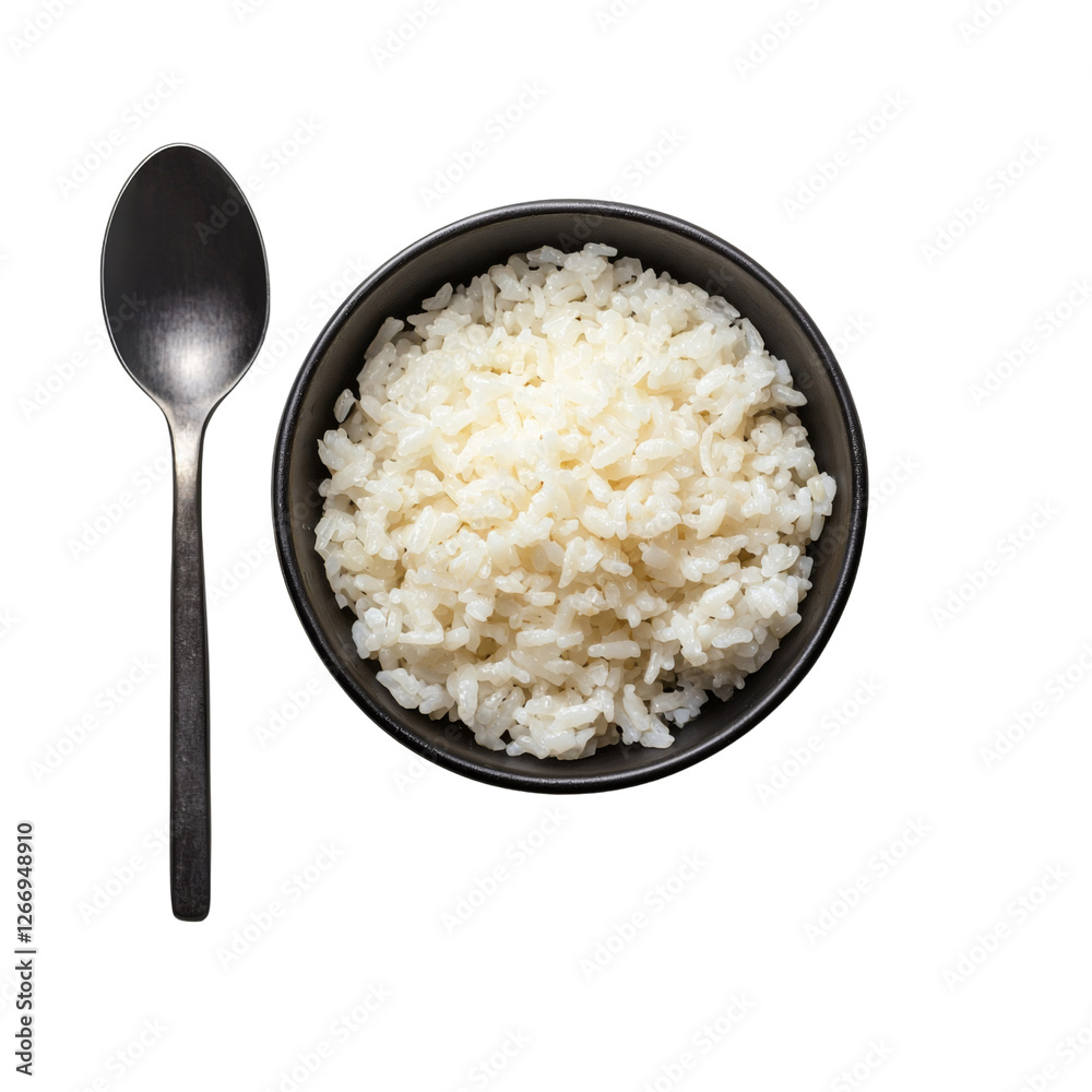 Delicious white rice in black bowl with silver spoon beside it, perfect for meal or side dish