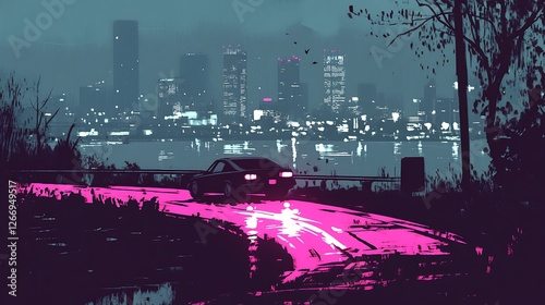 Night city glowing pink road drives car dark moody art. AI Generated photo