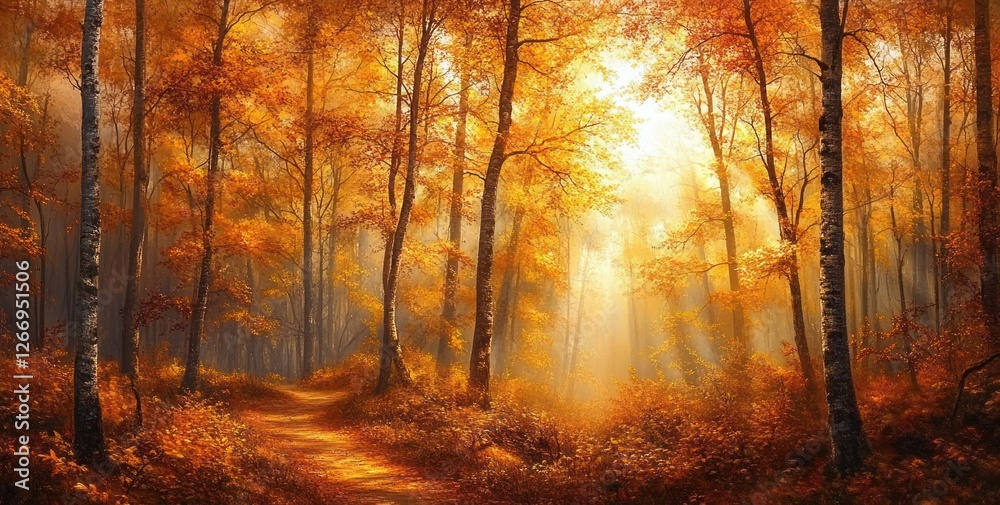 Fototapeta premium Autumn Forest Landscape with Sunbeams and Vibrant Foliage in Warm Colors of Gold Orange Yellow and Red