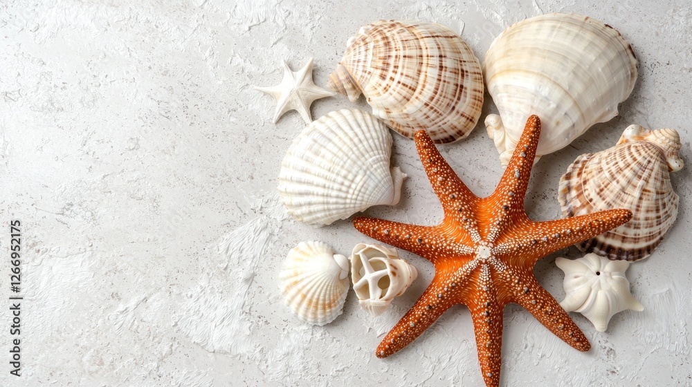 Seashells and Starfish on Light Surface Seashells and Starfish on Light Surface