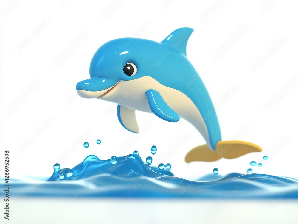 Fototapeta premium Playful Dolphin Illustration, vibrant 3D cartoon of a dolphin leaping joyfully above the ocean waves, capturing a sense of fun and freedom.