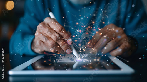 Digital Artist at Work: Close-up of hands using a stylus on a tablet, creating digital art with glowing network connections emerging from the screen.  A captivating image symbolizing creativity.