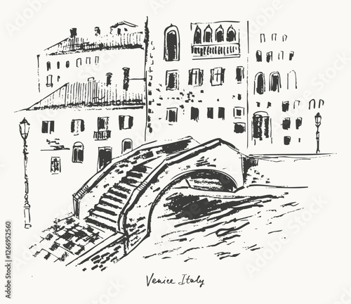 Hand drawn Venice architecture panorama urban sketch with canal and bridge. Black ink landscape line drawing of Italy ancient city.