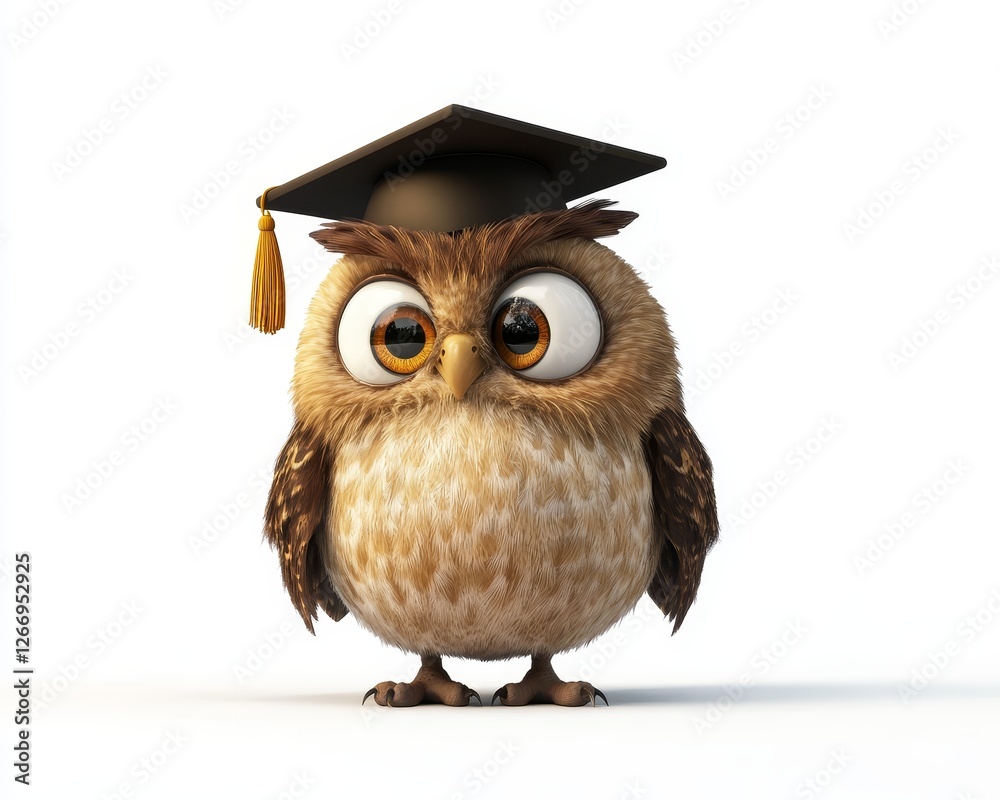 Obraz premium Wise owl character, vibrant cartoon style, adorned with a graduation cap, symbolizing knowledge and wisdom, set against a colorful backdrop.