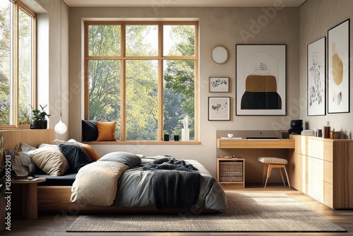 Cozy Minimalist Dorm Room with Earthy Tones and Natural Light