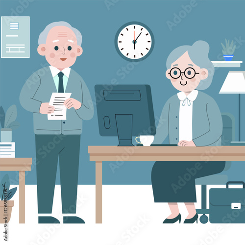 Elderly professionals working in an office, depicting active senior employment, business, and teamwork in a modern workplace environment