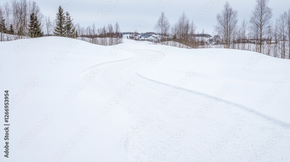 Winter snow path winding through snowy landscape Winter snow path winding through snowy landscape
