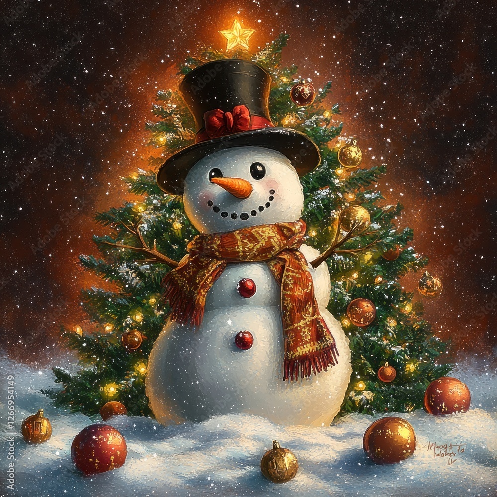 Obraz premium Cheerful Snowman with Top Hat and Colorful Scarf in Front of Christmas Tree