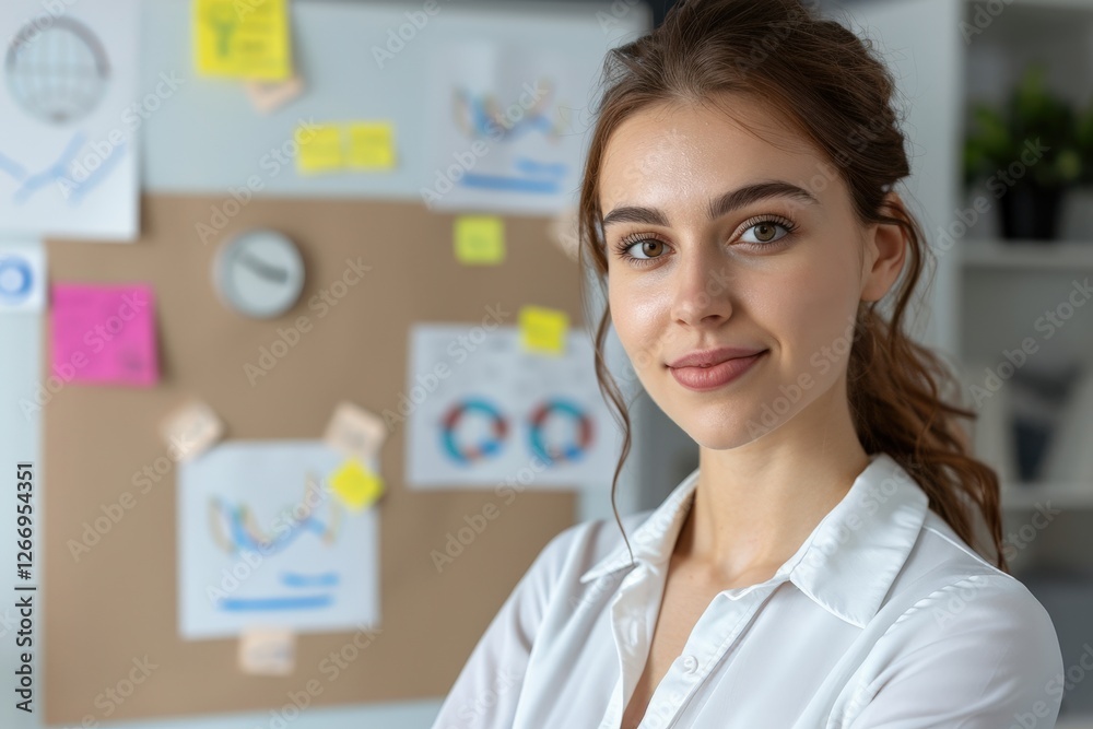 Young professional woman in office with graphs and charts, showcasing business strategy and planning concepts Young professional woman in office with graphs and charts, showcasing business strategy and planning concepts