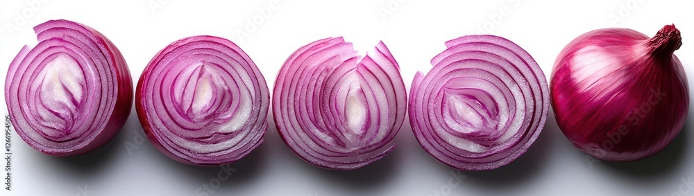 Sliced Red Onion Close-Up on White Background with Textures and Layers Sliced Red Onion Close-Up on White Background with Textures and Layers