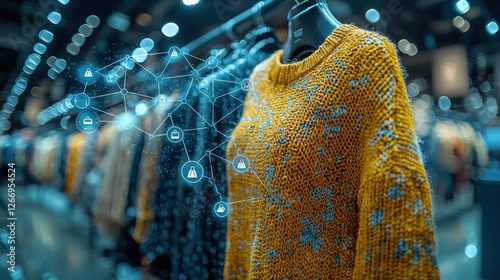 Digital Transformation in Fashion Retail: A Knitted Sweater on a Mannequin in a Store Illustrates the Interconnectedness of Modern Commerce, Showing the Network of Consumers, Brands, and Supply Chains