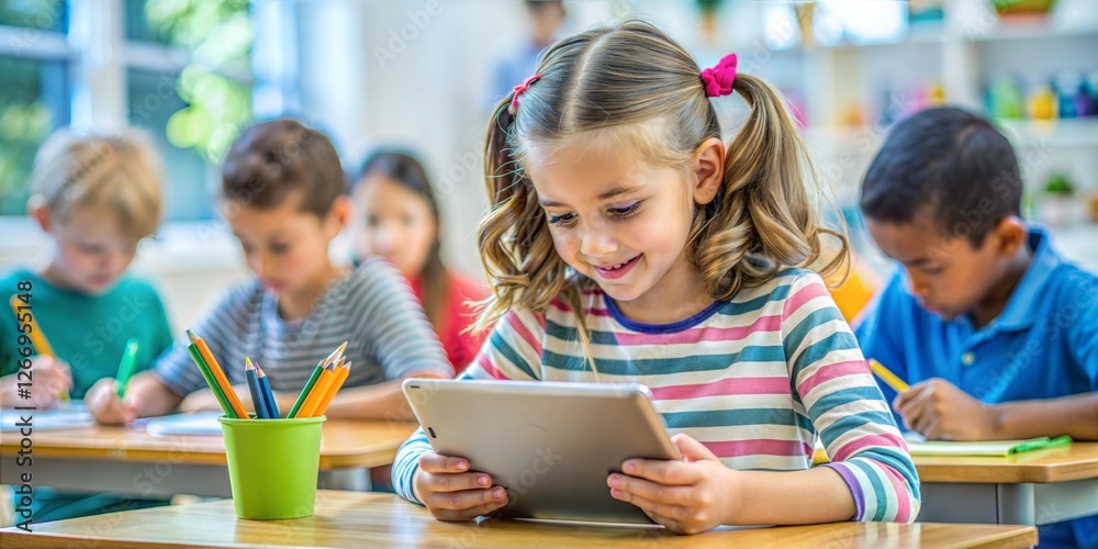 Fototapeta premium Engaged children utilizing tablets for learning in a colorful classroom that encourages curiosity and fosters a love for education and technology