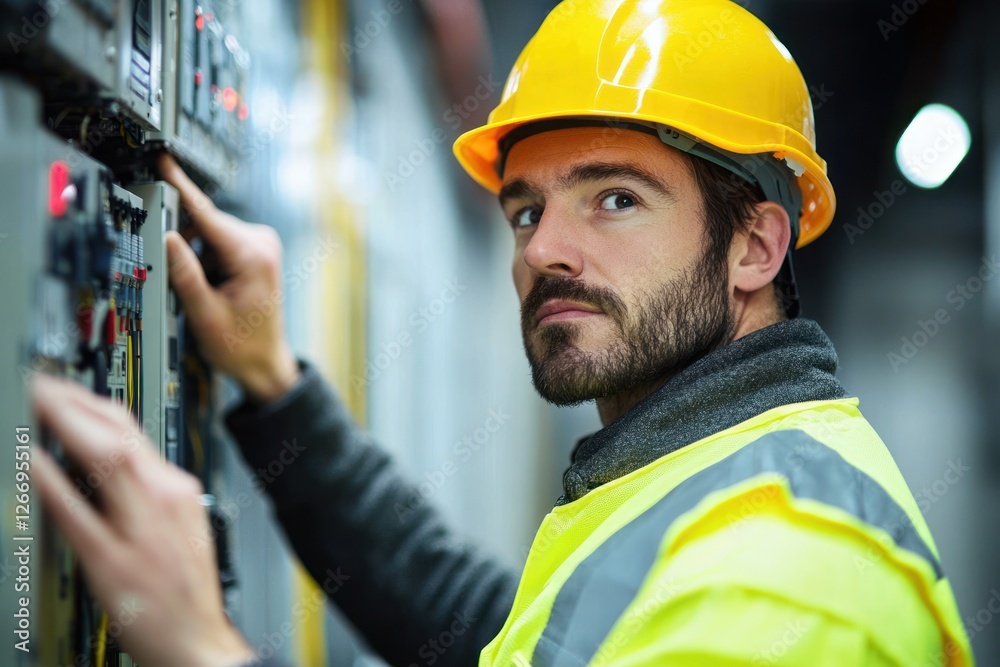 Engineer Inspecting Electrical Panels in Factory with Hard Hat and Reflective Vest Under Fluorescent Lighting Engineer Inspecting Electrical Panels in Factory with Hard Hat and Reflective Vest Under Fluorescent Lighting