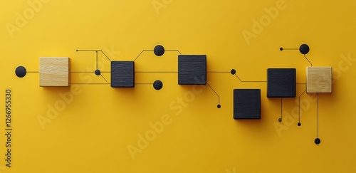 Workflow Automation Process Flowchart with Wooden Blocks on Bright Yellow Background