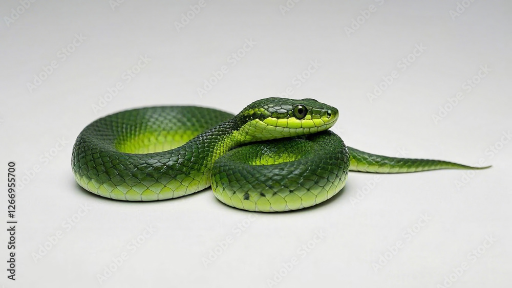 Fototapeta premium The snake is coiled, with distinctive stripes on its head. This close-up shows a vibrant green snake.