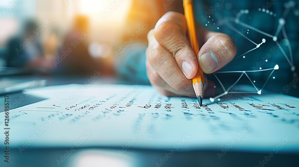 Focused Concentration: A hand delicately guides a yellow pencil across a page, leaving behind a trail of intricate notes, a visual metaphor for creative thinking and focused effort. Focused Concentration: A hand delicately guides a yellow pencil across a page, leaving behind a trail of intricate notes, a visual metaphor for creative thinking and focused effort.