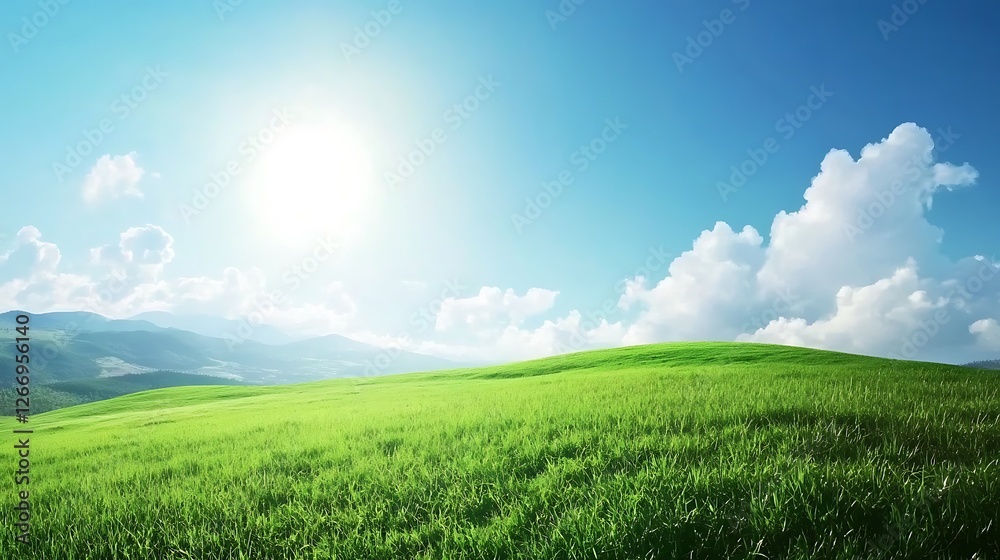Sunny Day Rolling Green Hills Landscape Scene