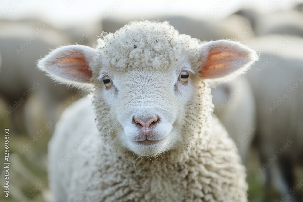 Cute lamb with fluffy wool looking curiously at the camera in a lush green pasture during daylight hours. Generative AI Cute lamb with fluffy wool looking curiously at the camera in a lush green pasture during daylight hours. Generative AI