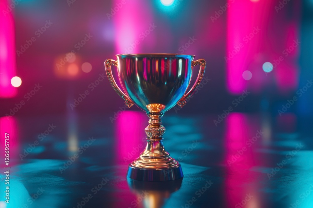 shiny gold trophy with bright pink and blue lights in the background. In front of it is an empty dark table. The scene has a blurred effect, giving depth to its surroundings. shiny gold trophy with bright pink and blue lights in the background. In front of it is an empty dark table. The scene has a blurred effect, giving depth to its surroundings.