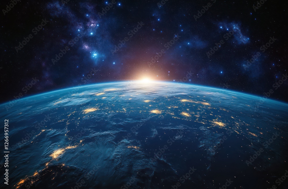 Obraz premium Stunning View of Earth from Space with Starry Sky and Sunrise Over Planet