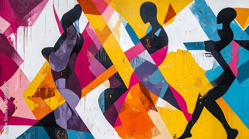 Abstract Geometric Street Art with Silhouetted Human Figures in Vibrant Colors

