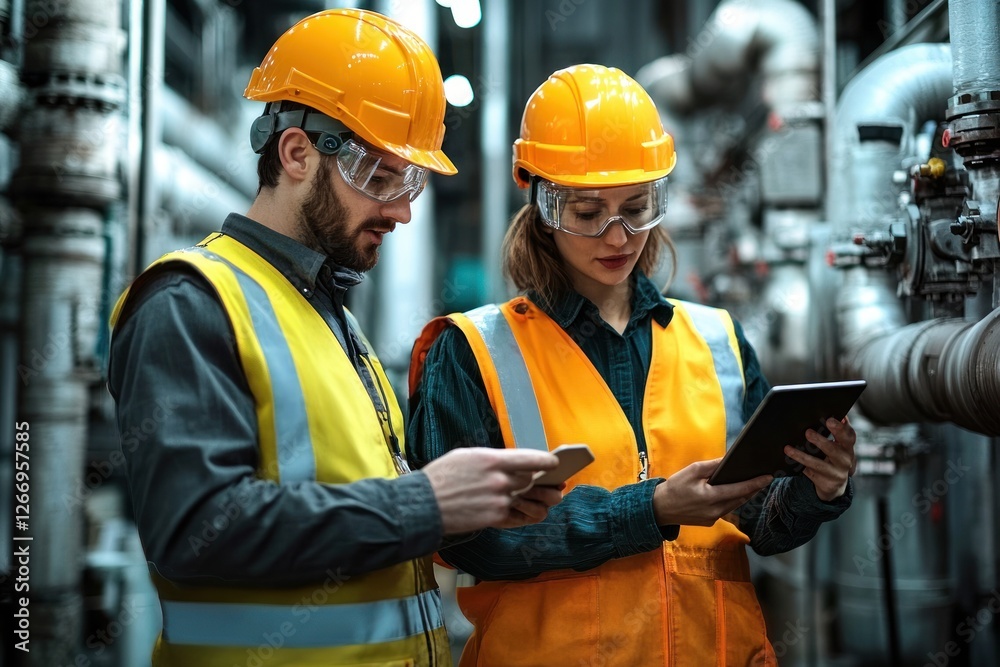 Two Safety Engineers Discuss Maintenance and Repair of Industrial Machinery in Factory Two Safety Engineers Discuss Maintenance and Repair of Industrial Machinery in Factory