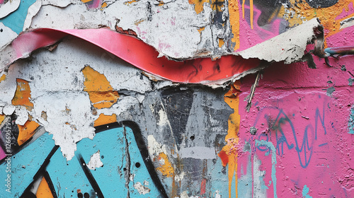 Vibrant urban wall with peeling paint and colorful graffiti in an alleyway