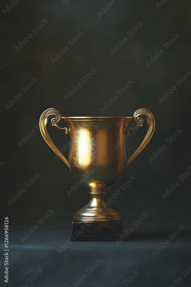 shiny gold trophy with two handles, resting on an elegant base. The background is a dark gray color that highlights the golden hue of the cup. shiny gold trophy with two handles, resting on an elegant base. The background is a dark gray color that highlights the golden hue of the cup.