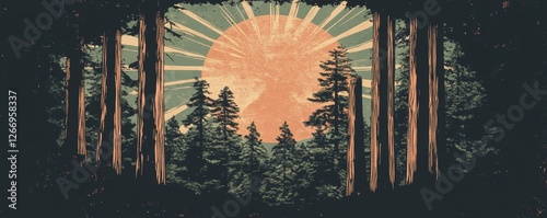 Vintage redwood national park emblem, showcasing nature's majesty with rich colors and intricate design elements, evoking a sense of adventure.