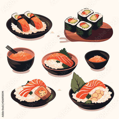 food, asian, restaurant, japanese, meal, delicious, sushi, cuisine, chinese, fresh, japan, rice, japanese food, japanese cuisine, smile, tasty, woman, illustration, man, gourmet, art, background, tabl