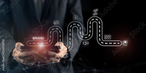 Business and branding concept. Creating, developing and maintaining brand  value and market reputation. Using tablet for planning, positioning and communication to establish a strong brand image.