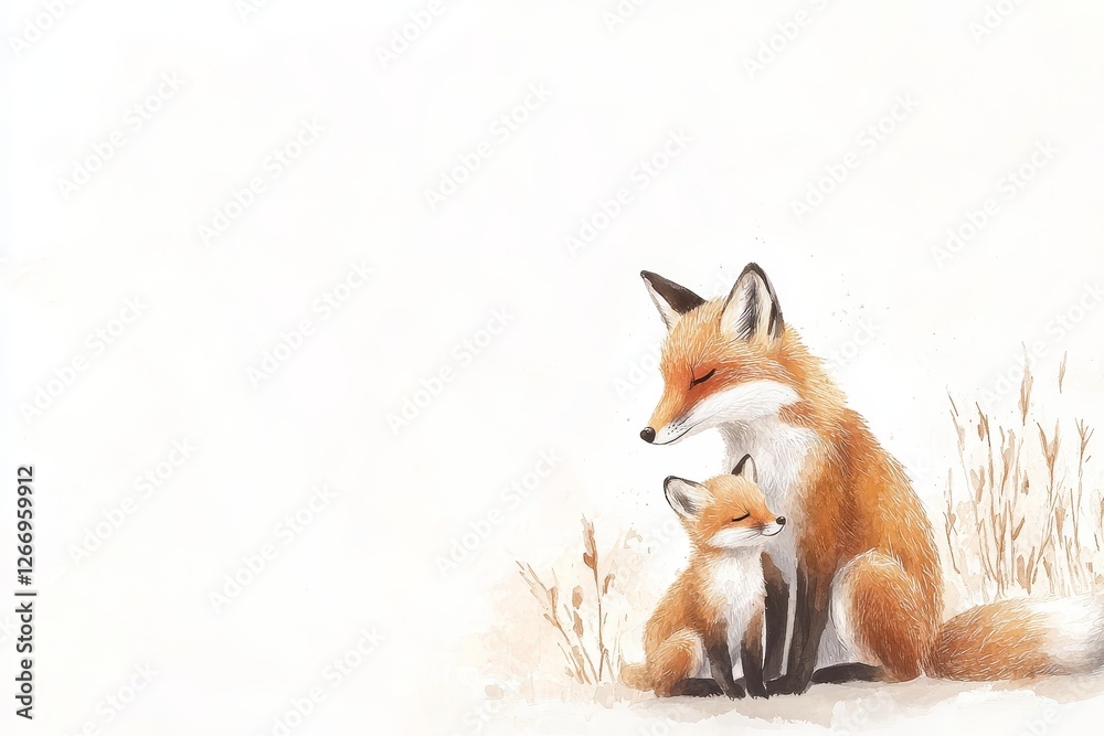 Obraz premium Mother fox nurturing her playful cub in a serene woodland setting, vibrant colors blending harmoniously, evoking warmth and tenderness.