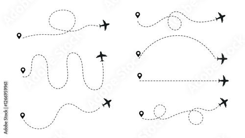 Airplane dotted route line set. Airplane dashed line path flat style design isolated on white background. plane icon follow from start pin point to finish by dashed line. Airplane route trace flight
