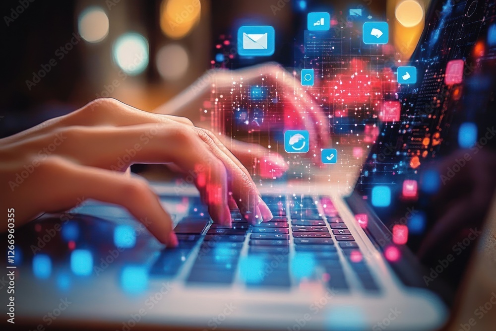 Hands Reaching for Laptop Keyboard Surrounded by Social Media Icons Hands Reaching for Laptop Keyboard Surrounded by Social Media Icons