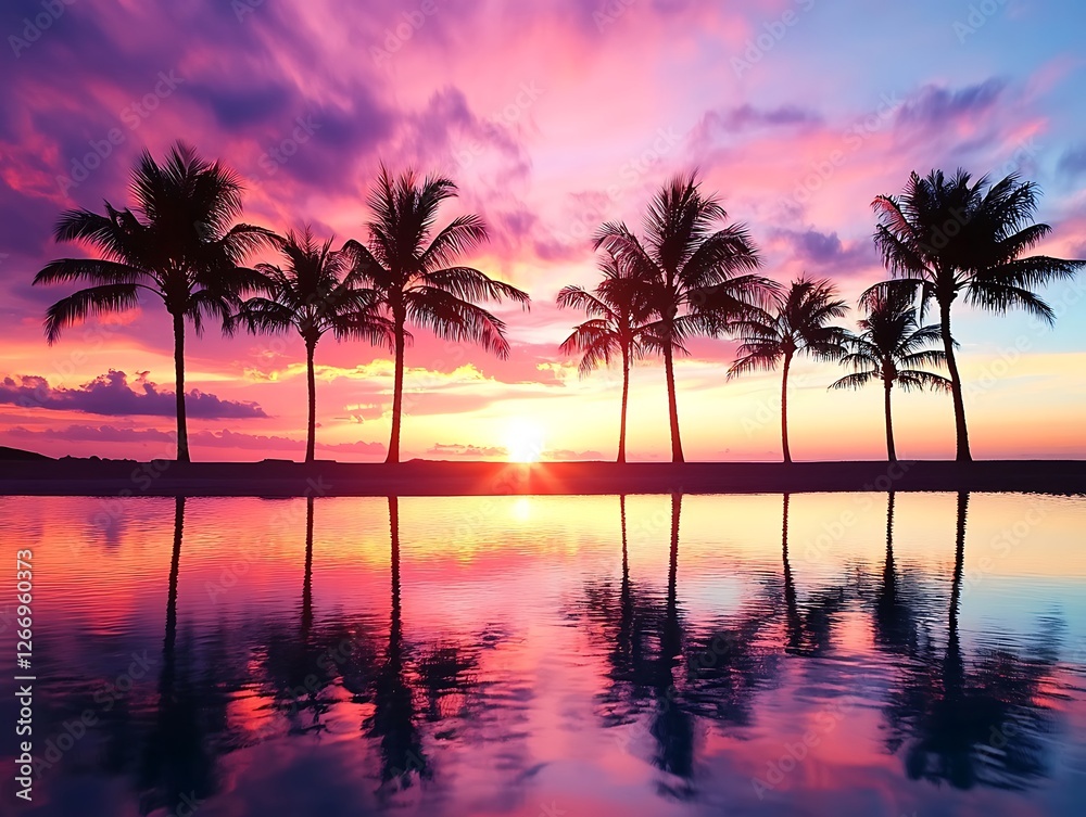 Fototapeta premium Fiery Orange and Purple Sunset with Silhouetted Palm Trees Reflecting Over a Tranquil Tropical Lagoon, Creating a Serene and Dreamy Beach Paradise Scene