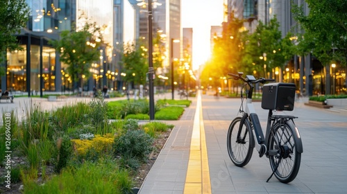 Sustainable Urban Mobility Solution Featuring Electric Bicycle in Modern Cityscape