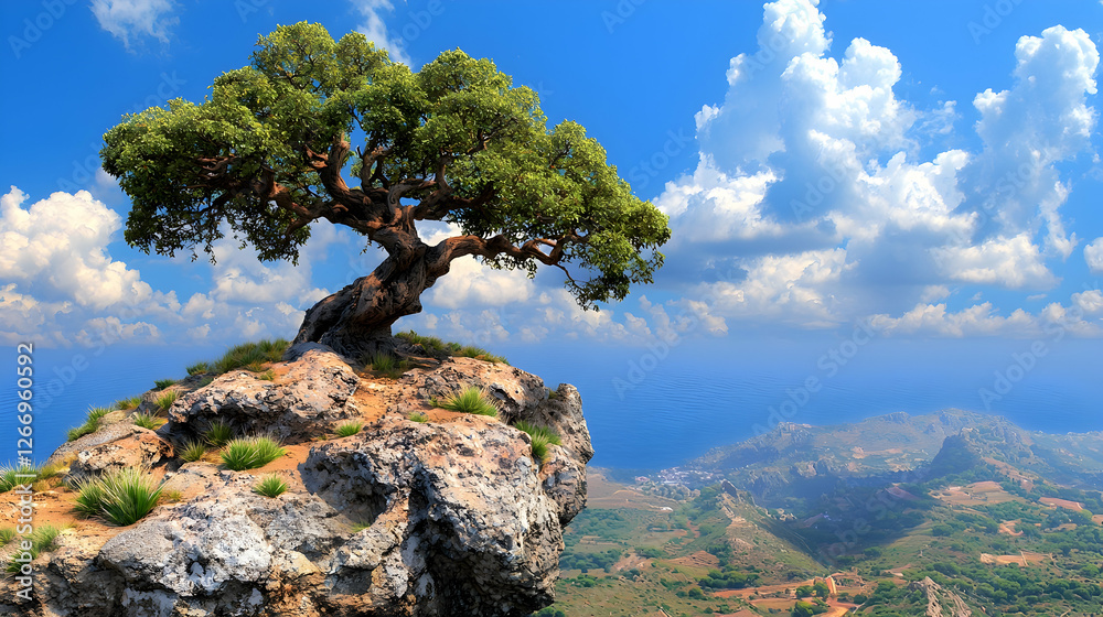 Obraz premium Lone tree atop cliff, scenic valley view, summer day, nature serenity