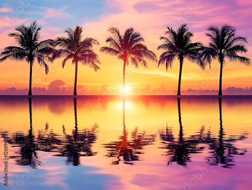 Fiery Orange and Purple Sunset with Silhouetted Palm Trees Reflecting Over a Tranquil Tropical Lagoon, Creating a Serene and Dreamy Beach Paradise Scene