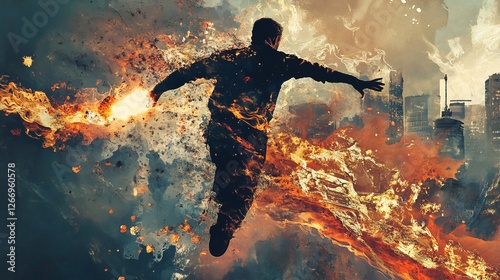 Dynamic digital artwork depicting a man in mid-throw, showcasing intense motion and vibrant colors, emphasizing strength and determination.