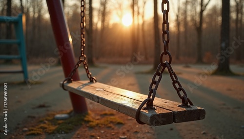 Old swings in solitude, abandoned, glowing in the warm light of sunset