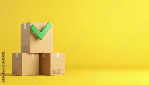 Green checkmark beside a neatly arranged stack of brown cardboard boxes, symbolizing approval and organization in a workspace setting