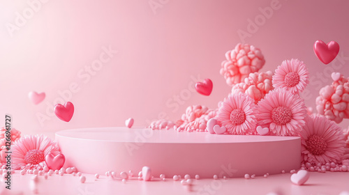 Round empty podium on a soft pastel background, surrounded by flowers,hearts. Perfect for Mother's Day, Women's day, March 8,Easter promotions. Podium for product presentation and demonstration photo