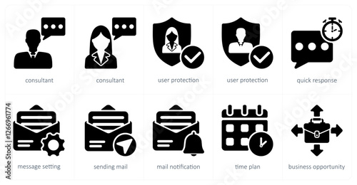 A set of 10 business icons as consultant, user protection, quick response