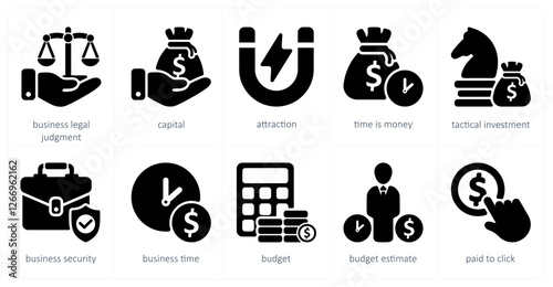 A set of 10 business icons as business legal judgement, capital, attraction
